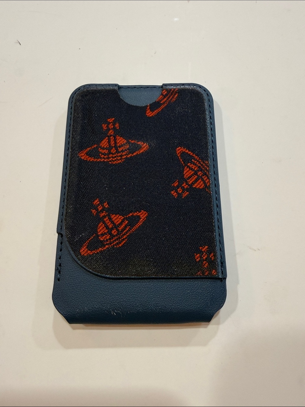 Upcycled Vivienne Westwood Black and Orange Planet Motif Card Phone Sleeve